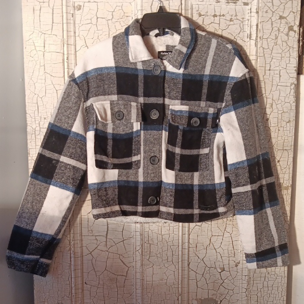 Hurley Women's Plaid Jean Jacket - Black, Blue, White